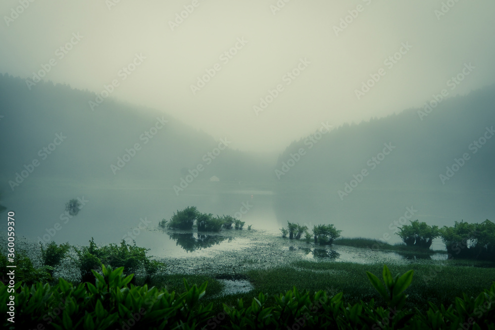 Foggy and mysterious landscape of Lagoons in São Miguel Island, Azores, Portugal