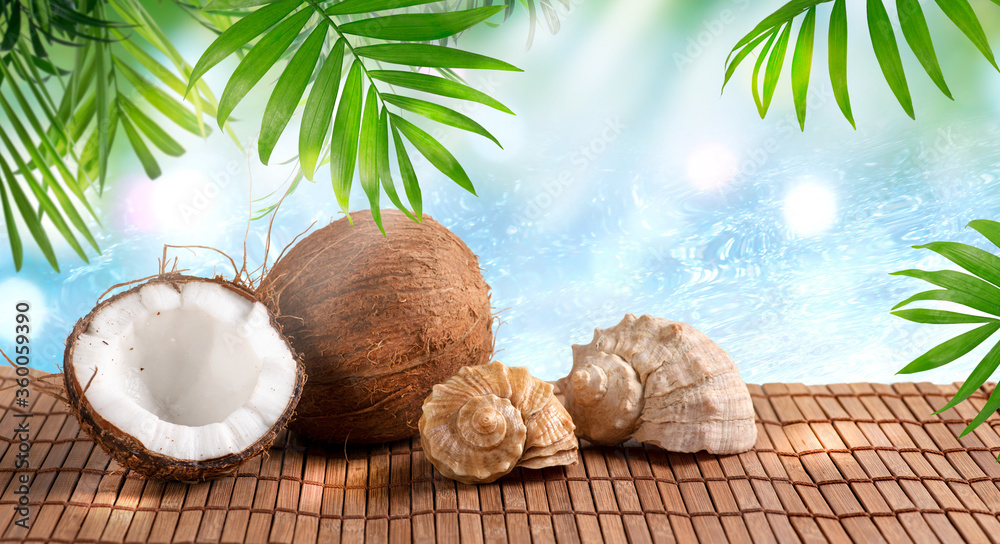 Coconuts and seashells on crystal blue pure sea or ocean background with palm trees and sun rays, tropical paradise, summer  tourism and beach vacation concept.