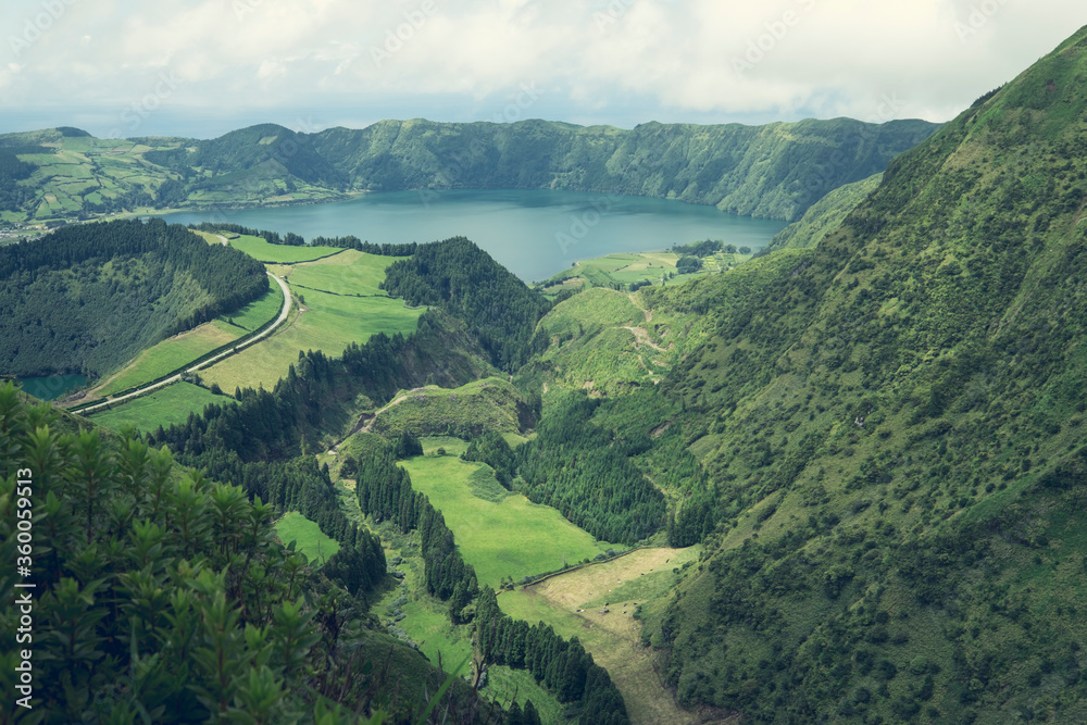 Aerial view of Boca do Inferno - lakes in Sete Cidades volcanic craters on San Miguel island, Azores, Portugal