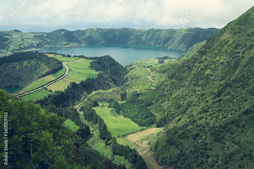 Aerial view of Boca do Inferno - lakes in Sete Cidades volcanic craters on San Miguel island, Azores, Portugal