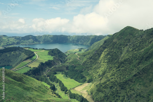 Aerial view of Boca do Inferno - lakes in Sete Cidades volcanic craters on San Miguel island, Azores, Portugal