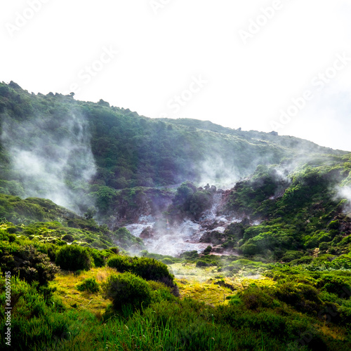 Impressionate landscape of sulphur fumaroles of Furnas do Enxofre in Terceira island  Azores  Portugal