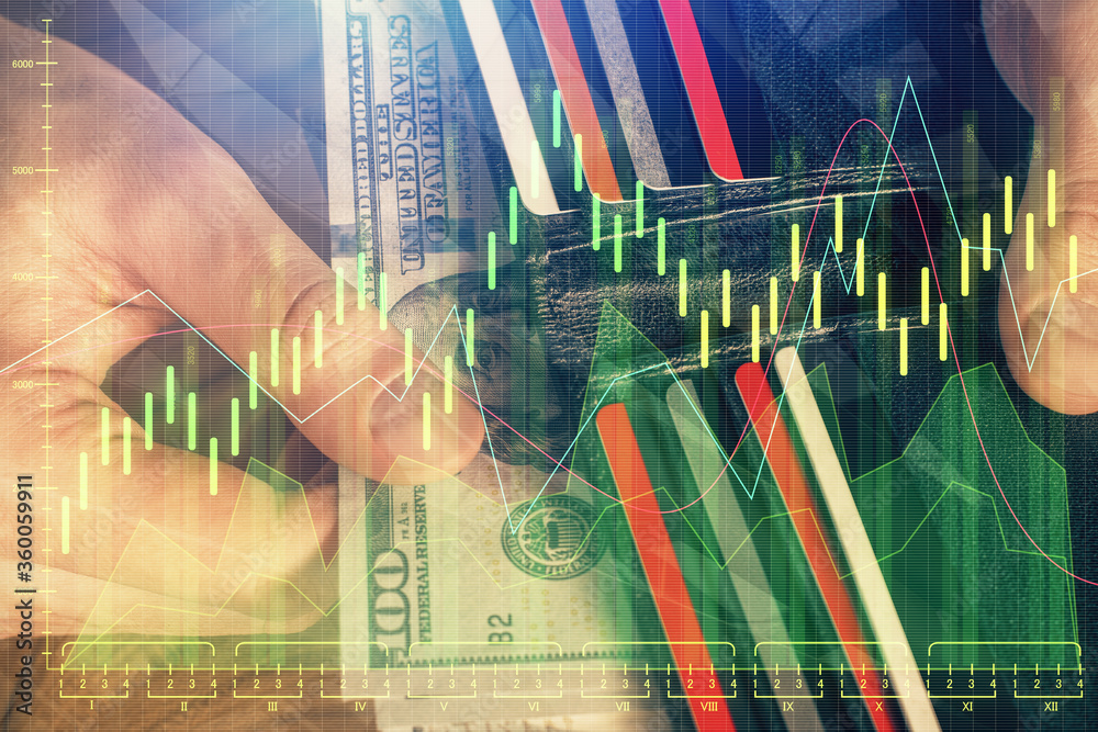 Multi exposure of forex graph drawing hologram and USA dollars bills and man hands. Technical Analysis concept. Multi exposure of forex graph drawing hologram and USA dollars bills and man hands. Technical Analysis concept.