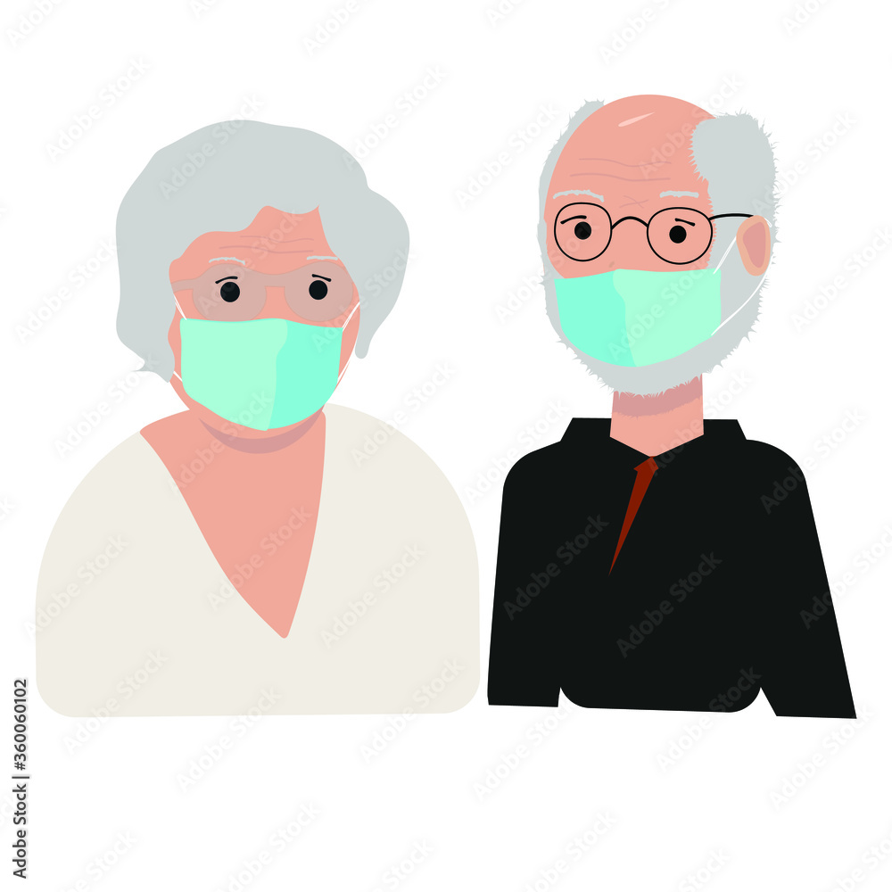 Old couple in medicine masks, retired woman and man in black hoodie. Mouth is available under mask. Vector illustration isolated on white background. Grandmother and grandfather together on quarantine Old couple in medicine masks, retired woman and man in black hoodie. Mouth is available under mask. Vector illustration isolated on white background. Grandmother and grandfather together on quarantine