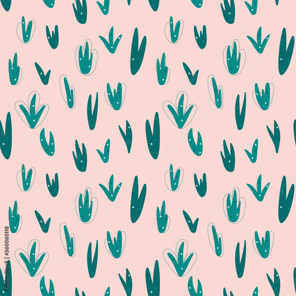 Pastel, tender pink floral seamless pattern, vector. Digital paper with green leaves, bushes, plants on light pink, candy beige background. Summer print for fabric, wrapping paper, baby apparel. EPS10 Pastel, tender pink floral seamless pattern, vector. Digital paper with green leaves, bushes, plants on light pink, candy beige background. Summer print for fabric, wrapping paper, baby apparel. EPS10