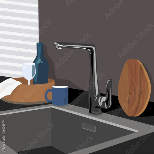 Vector illustratation kitchen. Sink, dishes, cup, bottle, wineglass.