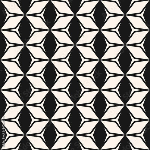 Vector monochrome geometric seamless pattern. Stylish black and white abstract geometric texture with rhombuses, diamonds, star shapes, hexagon grid. Simple geo background. Repeating design element