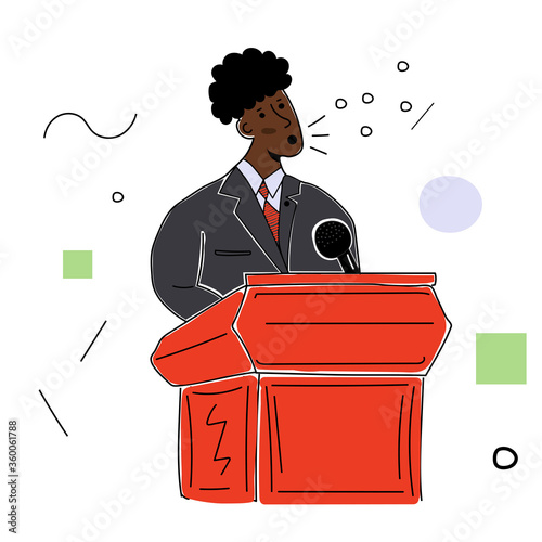 A black male politician in a business suit behind a podium makes a speech. Vector illustration with contour in hand drawn style. Cartoon picture.