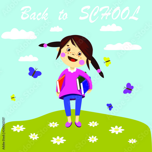 back to school joy clouds glade Sunny day flowers butterflies girl holding books textbooks postcard illustration poster website EPS