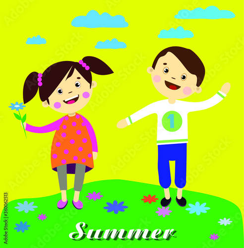 summer children happy glade Sunny day flowers yellow boy and girl greeting card illustration poster website EPS