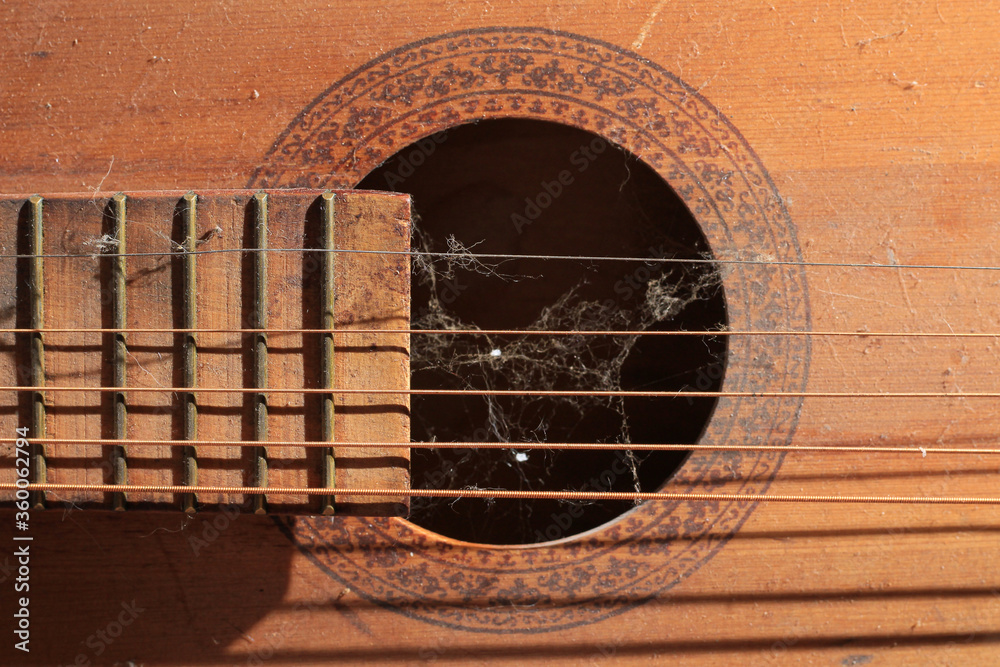 Old dusty guitar element with torn strings and cobwebs. Toned Stock Photo |  Adobe Stock