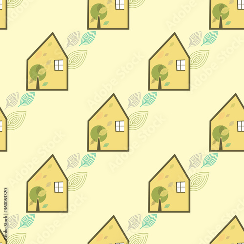 Seamless pattern with leaves, a house and a tree. Decorative background with leaves, house and tree on a light background. Graphic printing for postcards, fabrics, web Wallpapers.