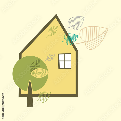 Linear pattern with leaves, a house and a tree. Decorative background with leaves, house and tree on a light background. Graphic printing for postcards, fabrics, web Wallpapers.