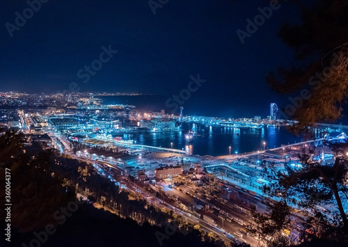 Canvas Print night view of the city and harbour in barcelona