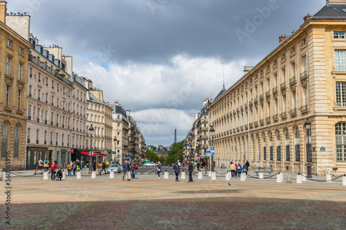 Fototapeta Naklejka Na Ścianę i Meble -  Street view from Pantheon in Paris with Eiffel tower in the background, France