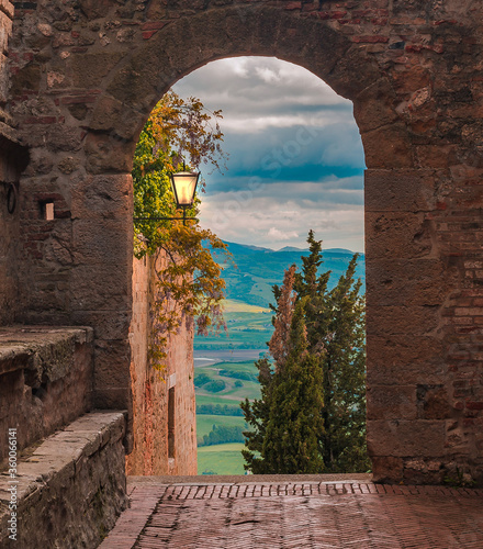 the entrance to the old fortress in Pienza Italy photo