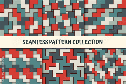 Geometric seamless pattern collection. Geo background set. Bright puzzle mosaic print kit. Modern camouflage wallpapers