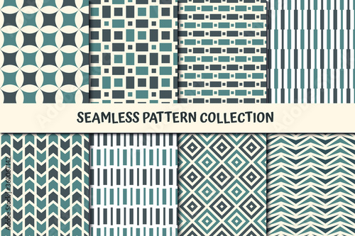 Classic geometric seamless pattern collection. Chevron, dash line, triangles, stars, diamond, square, circle print set