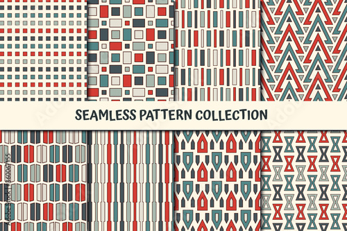 Classic geometric seamless pattern collection. Geo background set. Dash lines, square, triangle, hourglass print kit