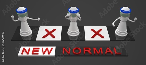 new normal word rendering with chess figure demonstrate social distancing wearing mask and face shield