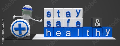Stay safe and healthy cube and chess figure wearing mask and face shield with healthy symbol