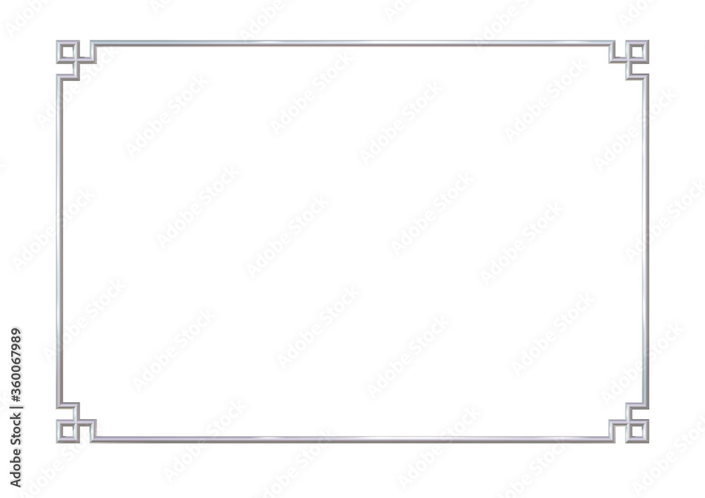 Rectangle realistic frame metal or silver, isolated on white background with Chinese corner pattern. Steel, photoframe template. For picture. Vector illustration Rectangle realistic frame metal or silver, isolated on white background with Chinese corner pattern. Steel, photoframe template. For picture. Vector illustration