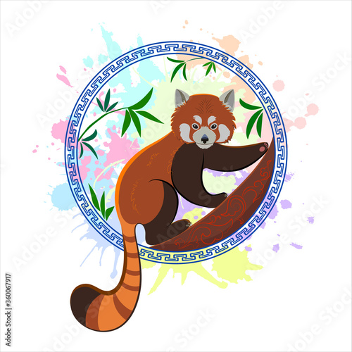 Red panda on the background of colored spots.
