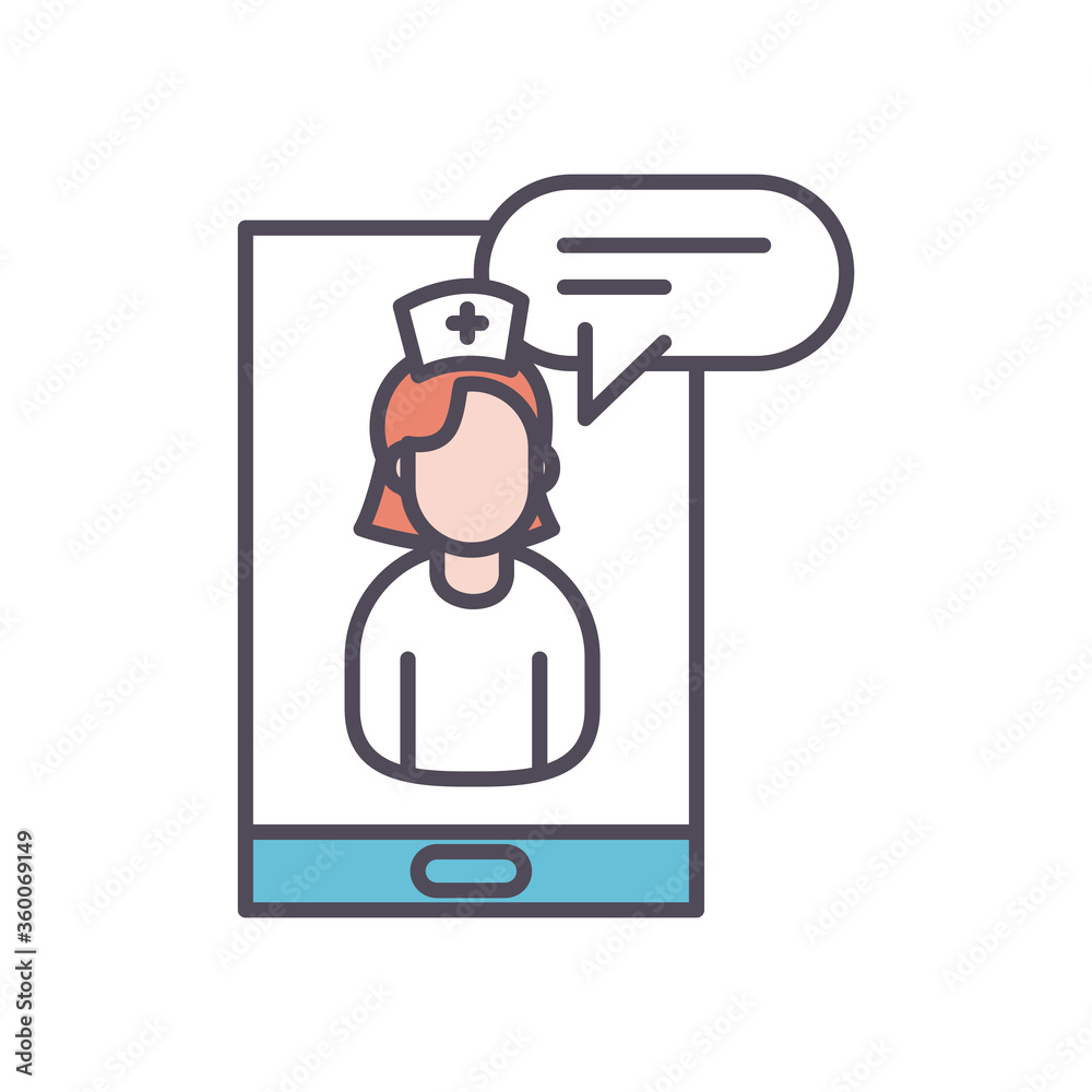 female nurse with bubble on smartphone line and fill style icon vector design female nurse with bubble on smartphone line and fill style icon vector design