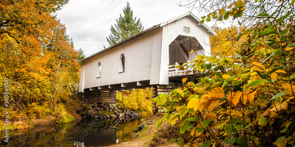 Scio, Oregon, the Hoffman covered bridge spans a small creek, surrounded by fall colored foliage.