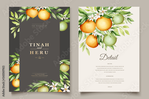 Botanical watercolor orange fruits wedding invitation card template