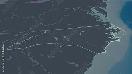 North Carolina, state with its capital, zoomed and extruded on the administrative map of United States in the conformal Stereographic projection. Animation 3D
