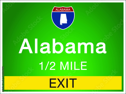Roadway sign Welcome to Signage on the highway in american style Providing alabama state information and maps On the green background of the sign vector art image illustration 
