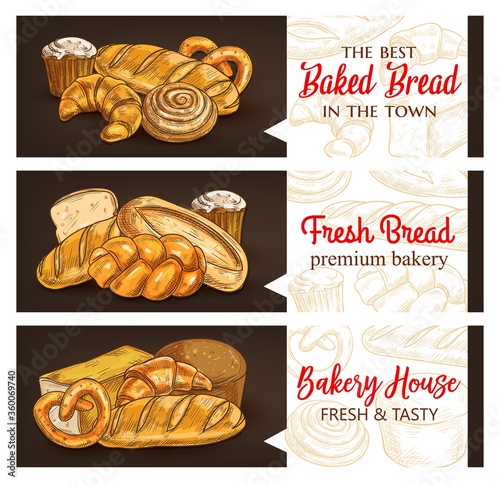 Bakery and bread products sketch vector banners. Bakery shop whole wheat and rye bread, sweet pastry and dessert bun, panettone with icing, pretzel and croissant, braided challah, wheat loaf