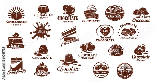 Chocolate candies and sweets vector icons set. Chocolate bar and candy symbols, cocoa cake or cheesecake. Natural, handmade sweets and desserts, pastry shop or confectionery brown icons