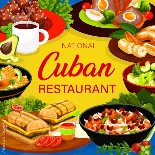 Cuban cuisine square vector poster. Cuban food restaurant menu cover. Sandwich with meat and cheese, beans and rise ragout, fried banana, coffee cupcakes dessert, avocado salad, pulpeta meatloaf