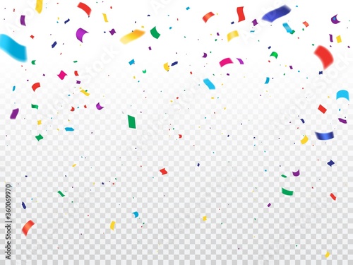 Holiday background with confetti. Vector flying and falling colorful paper confetti on transparent background. Holiday celebration, party fun, grand opening ceremony, festival or carnival decoration