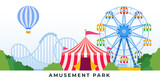 Amusement park with rides and carousels. Vector flat illustrations.