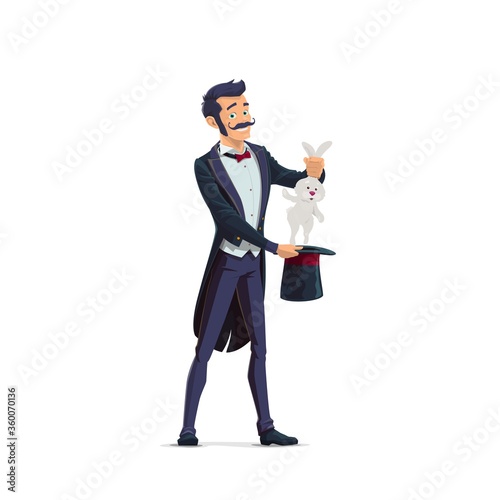 Big Top Circus magician cartoon vector character. Performing stage magician in tailcoat, pulling rabbit or bunny from top hat. Circus or marquee illusionist showing classic hat-trick with animal