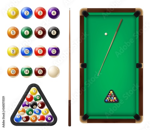 Billiard balls and table. Cue sports, snooker club equipment. Billiards cues, colored balls with digits in row and in triangular rack, covered green cloth pool table top view, 3d realistic vector