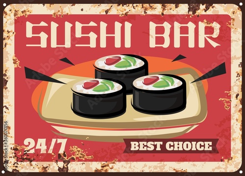 Sushi bar meal metal rusty plate. Maki sushi rolls with rice, nori seaweed, salmon meat and avocado on rectangular ceramic plate. Japanese cuisine restaurant or cafe vintage vector banner