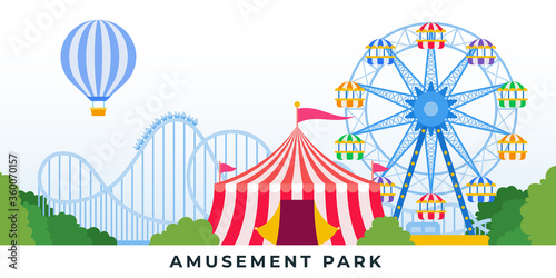 Amusement park with rides and carousels. Vector flat illustrations.