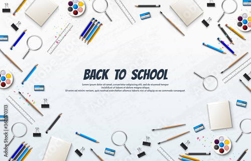 Back to school background. with illustrations of school supplies on a white background.