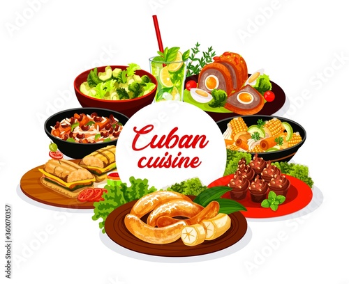 Cuban cuisine round vector banner. Cuban restaurant meals with meat, vegetables and spicy herbs. Sandwich, fried bananas, cupcakes, avocado salad, congri and moros, meatloaf, mojito or lemonade