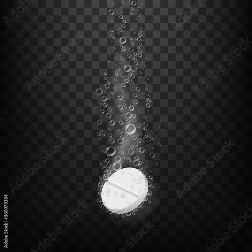 Effervescent fizzy pill in water, realistic vector. Vitamin or painkiller pill sinking in water, dissolving with air bubbles trace on transparent background. Medicine, pharmaceutical treatment