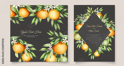 Botanical watercolor orange fruits wedding invitation card template