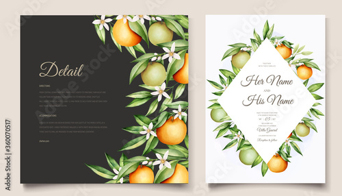 Botanical watercolor orange fruits wedding invitation card template