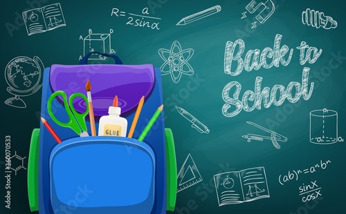 Schoolbag, back to school education chalk sketch on blackboard. Stationery and lesson drawings. School bag with pencils, glue and scissors, algebra equation, ruler and compass, copybook, globe vector