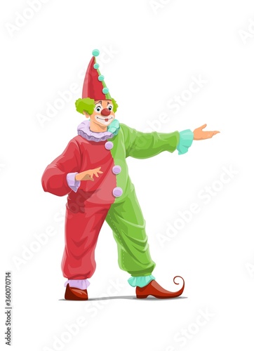 Big Top Circus Clown cartoon vector character. Smiling clown with false nose and makeup, wearing red and green color costume, cap with pompons and curled toes shoes, welcoming guest with hand gesture
