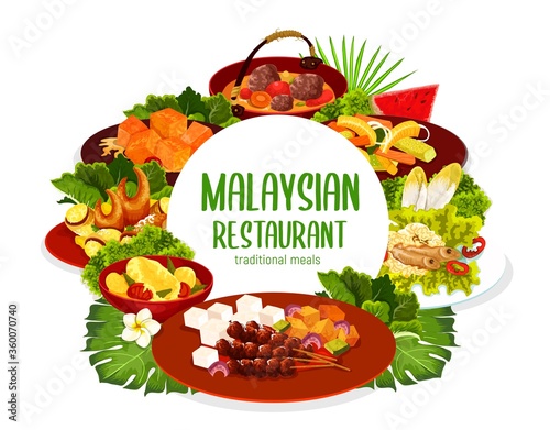 Malaysian cuisine restaurant meals round banner. Vector beef rib soup and pumpkin pieces in coconut milk, stuffed crab claws, fish curry with vegetables, meat with cucumber and pineapple salad