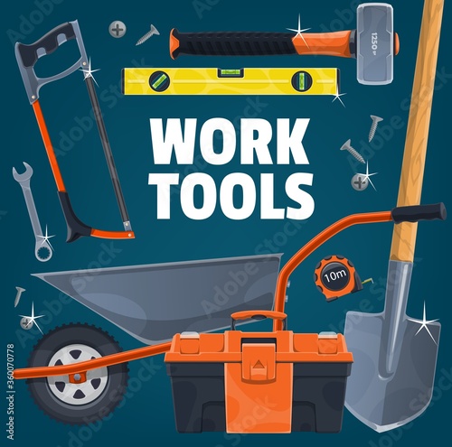 DIY and work tools. Vector hacksaw and level, sledgehammer, shovel, toolbox and wheelbarrow, wrench or spanner, screws and measuring tape. Construction and DIY work hand tools and equipment